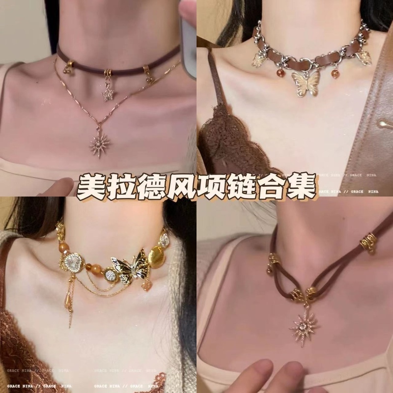 American Style Spice Butterfly Necklace Maillard Brown Vintage Choker Neck Ring Niche Superior Leather Clavicle Chain
