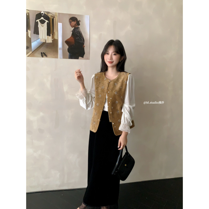 MSTUDIO漫莎-半盏山茶新中式国风撞色刺绣微闪丝绒马甲马甲c6137|undefined