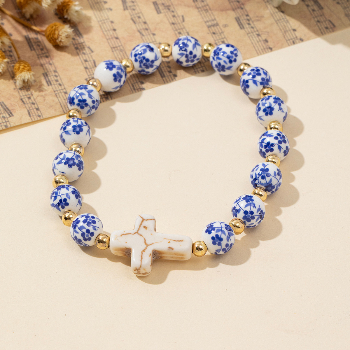 Casual, Banquet, Street Occasion Alloy Material Elegant Lady Cross Alloy Beaded Chain Stretch Adjustable Beaded Bracelets Wholesale