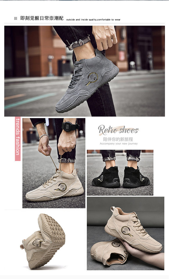 Giày bốt Martin nam da heo cổ vừa lót lông giữ ấm, đế cao su chống trượt — 55078 kaki, 55078 màu đen, Màu xám 55078 chi tiết 4