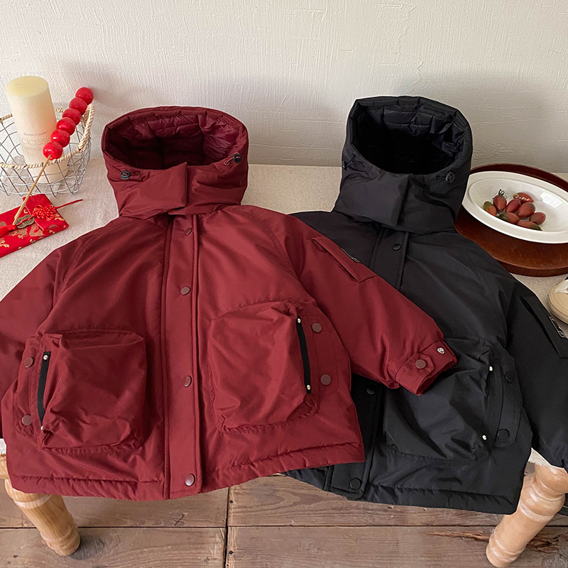 Chaqueta roja para niños, chaqueta encapuchada de invierno para niños, niños mayores, 90 ropa impermeable de acero blanco