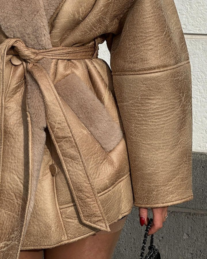 Imbracaminte de dama toamna iarna noua moda piele de cashmir guler de blana sacou cu centura compozit_voghion.com