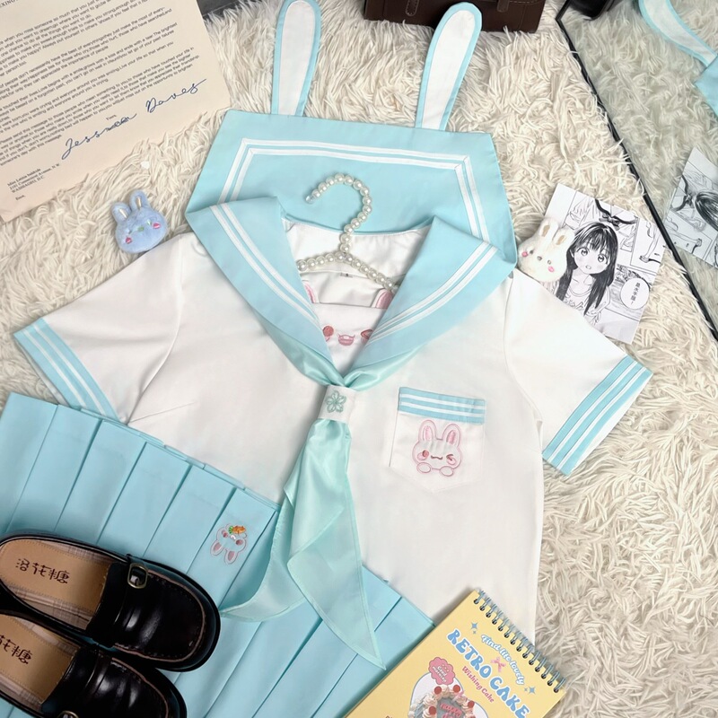 Tianke オリジナル本物の Omi ウサギ JK 制服女性の日本のカレッジスタイル甘いセーラー服半袖刺繍スカートスーツ|undefined