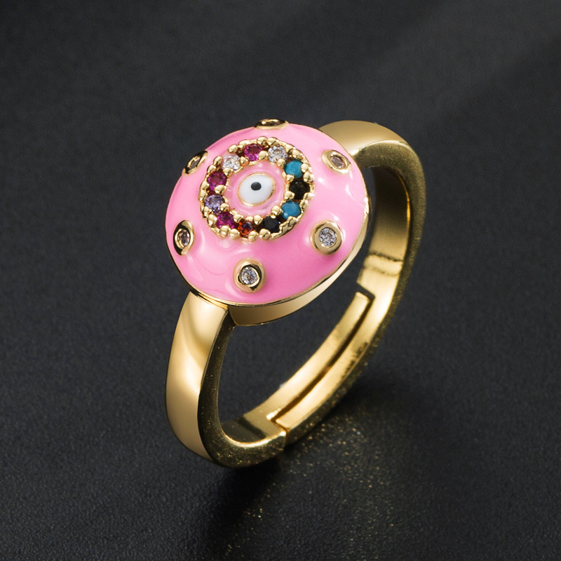 Fashion Color Dripping Oil Devil's Eyes Copper Plated Real Gold Micro Inlaid Zircon Ring display picture 3