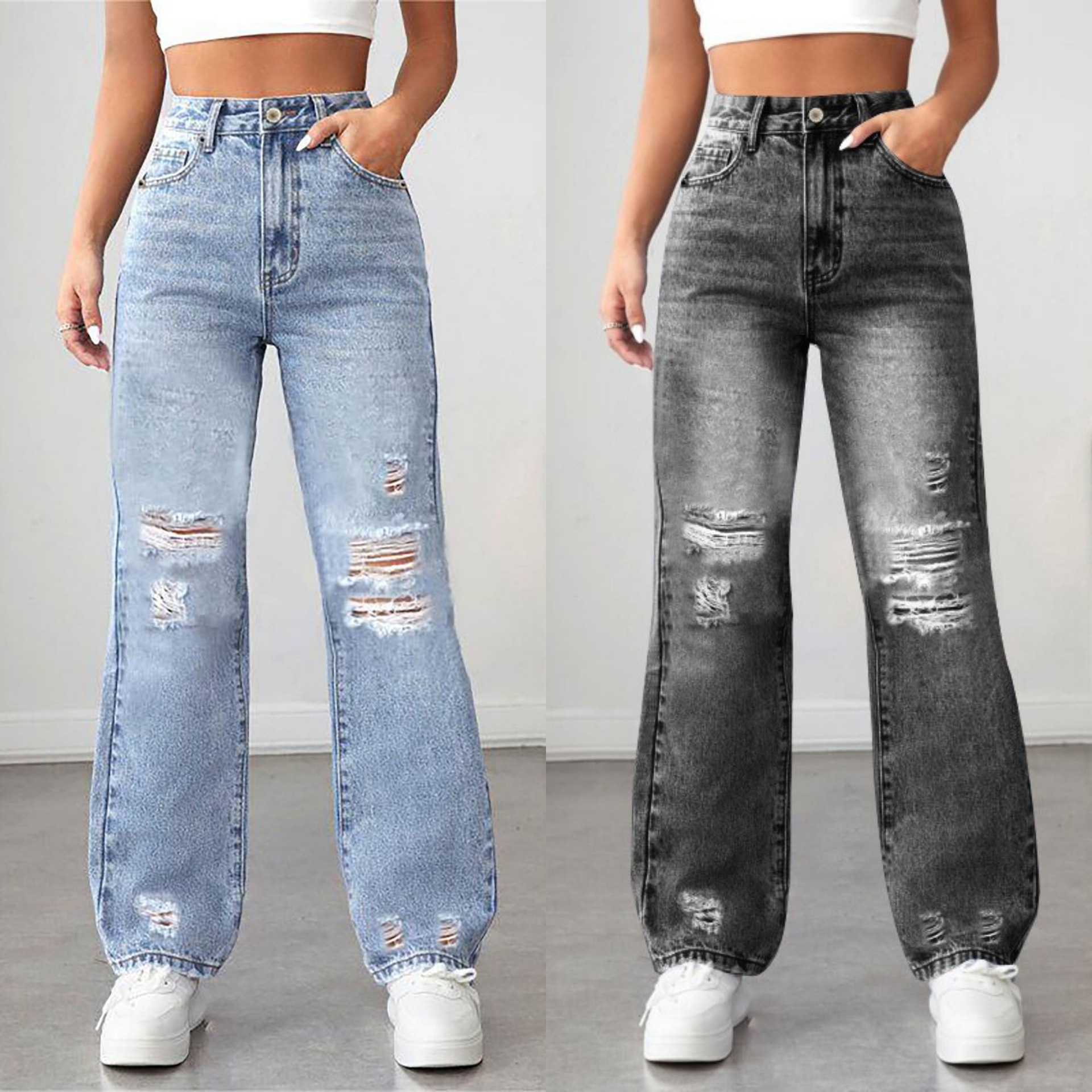 2026 Cross-Border E-Commerce Amazon European and American Hot-Selling Ripped Straight-Leg Jeans for Women, Loose Long Pants, Direct Sales from the Manufacturer, Trendy