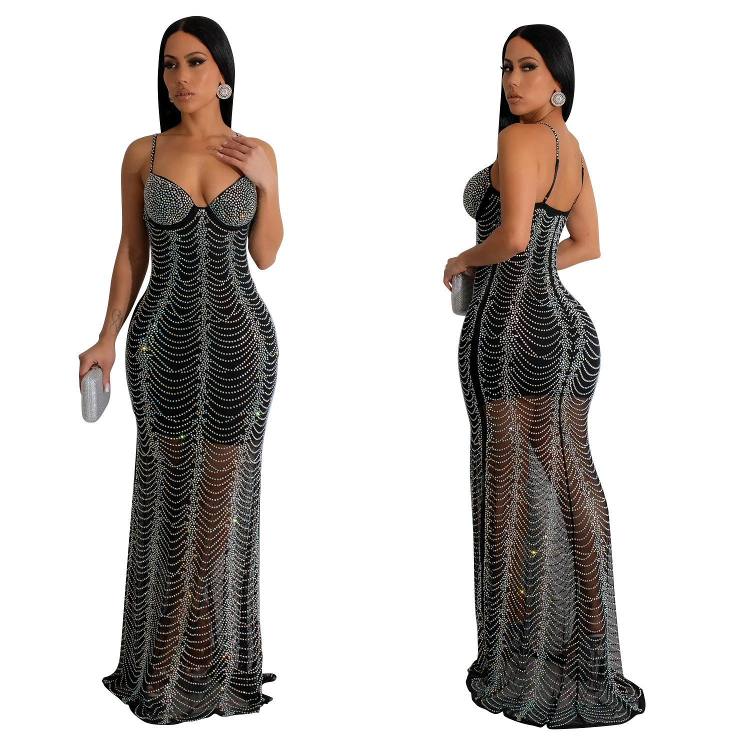 C6841 transfronteriza AliExpress Amazon de las mujeres de moda europea y americana de color sólido de malla de diamantes de imitación con falda larga vestido
