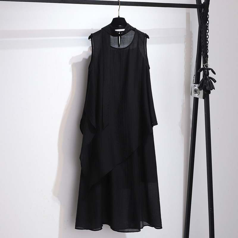 Black Tencel Camisole Dress with Irregular Sleeveless Shirt for Women, 2026 Summer New Island Outfit Two-Piece Set