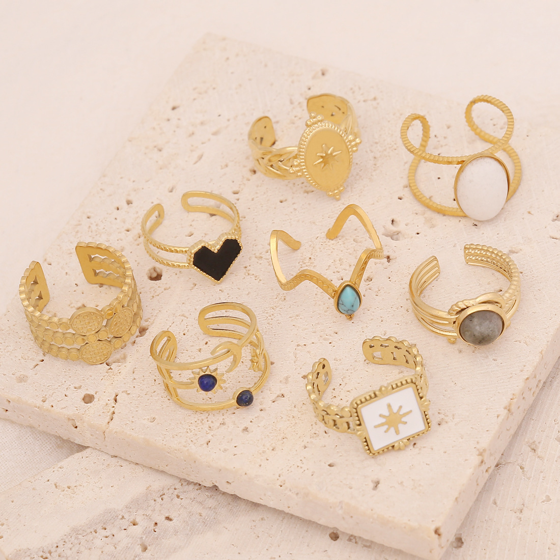 Retro Six-Pointed Star Turquoise Heart Stainless Steel Ring