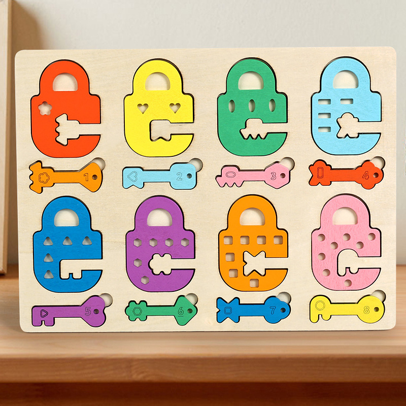 Educación temprana para niños Monty llave desbloqueo forma de bloque de construcción emparejamiento mano-ojo entrenamiento de madera puzzle juego image 2
