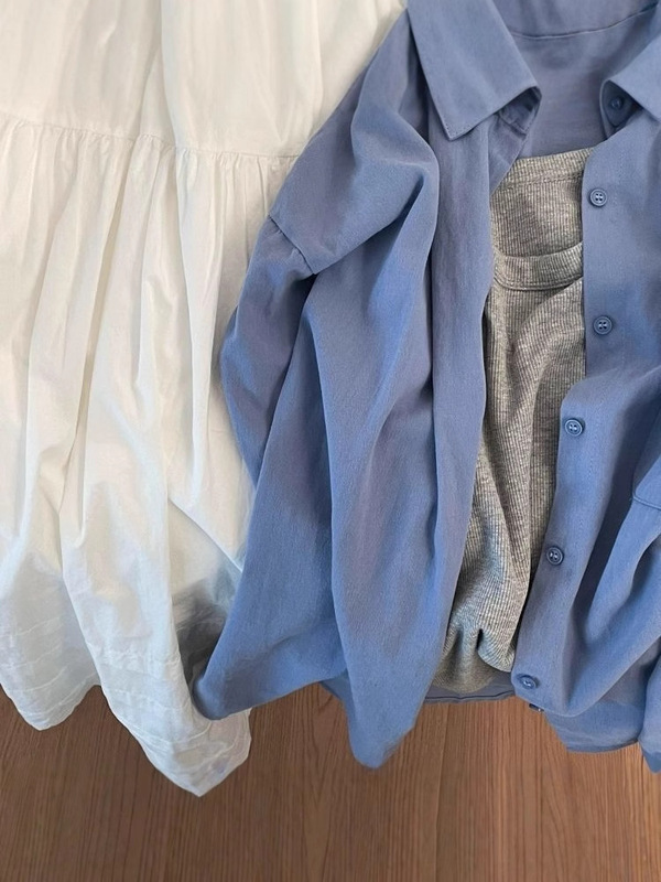 纯棉蓝色衬衫女春秋新款小清新宽松休闲百搭显瘦通勤衬衣外套上衣|undefined