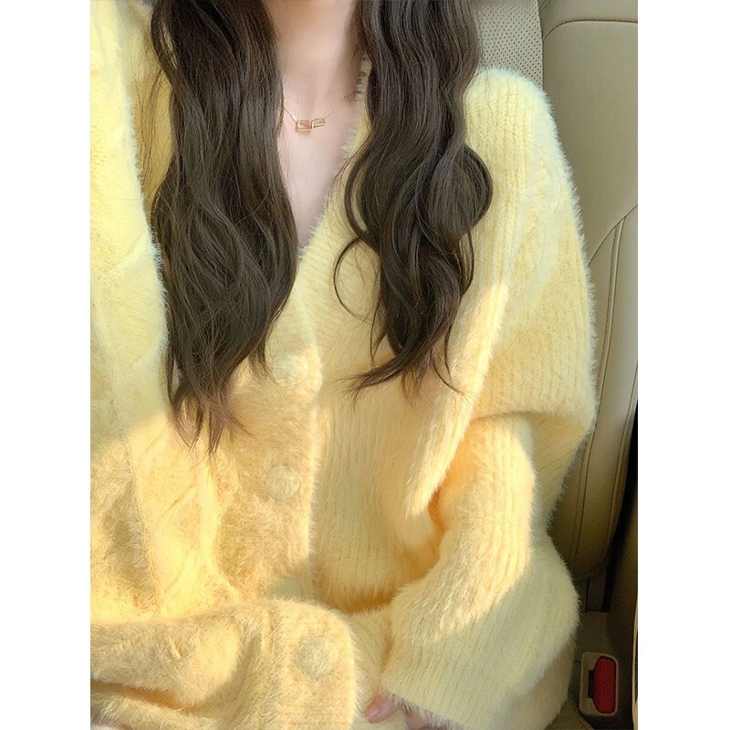 Yellow Milk Wear V-neck Soft Waxy Knitted Cardigan Women's Spring Super Beautiful Gentle Fairy Sweater Coat Top