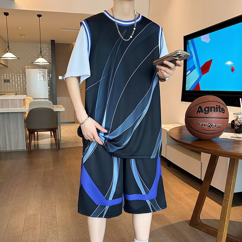 Teenagers New Fake Two-Piece Basketball Uniform Short-Sleeved Suit Male High School Student Quick-Drying Game Sports Clothing Trend