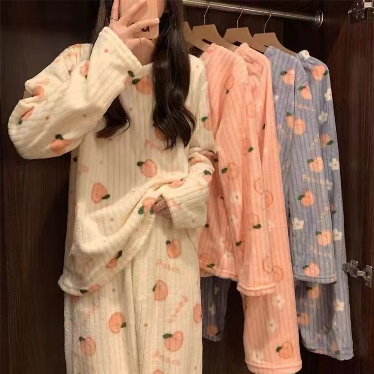 暖暖套装女水蜜桃珊瑚绒两件套睡衣秋冬2025新款加厚款居家可外穿