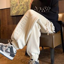 美式潮牌痞帅运动裤子男2024年秋冬季新款青少年宽松休闲加绒裤子
