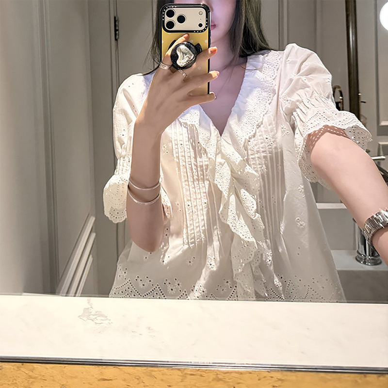 Beautiful Fairy-Like Embroidered Blouse with Puff Sleeves, Short Sleeves, Summer French-Style V-Neck, White Embroidered Hollow-Out Loose Top for Women