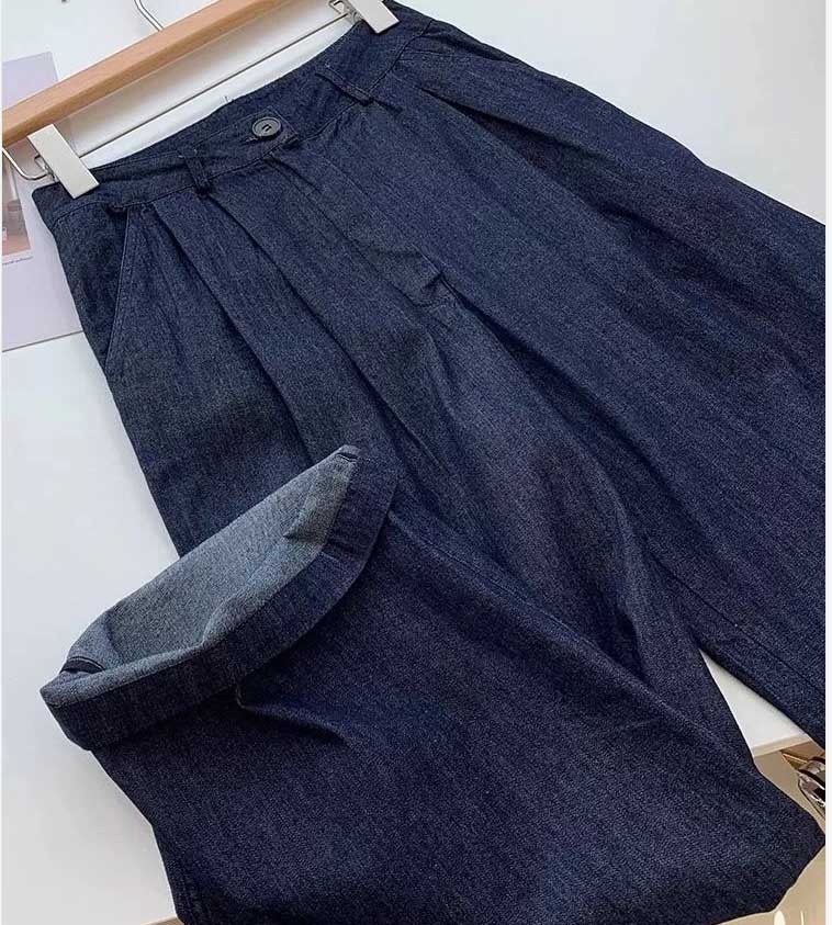 Quần ống rộng vải lanh cotton Yamamoto cạp cao kiểu harem mùa hè 2025 — Màu xanh đậm chi tiết 4