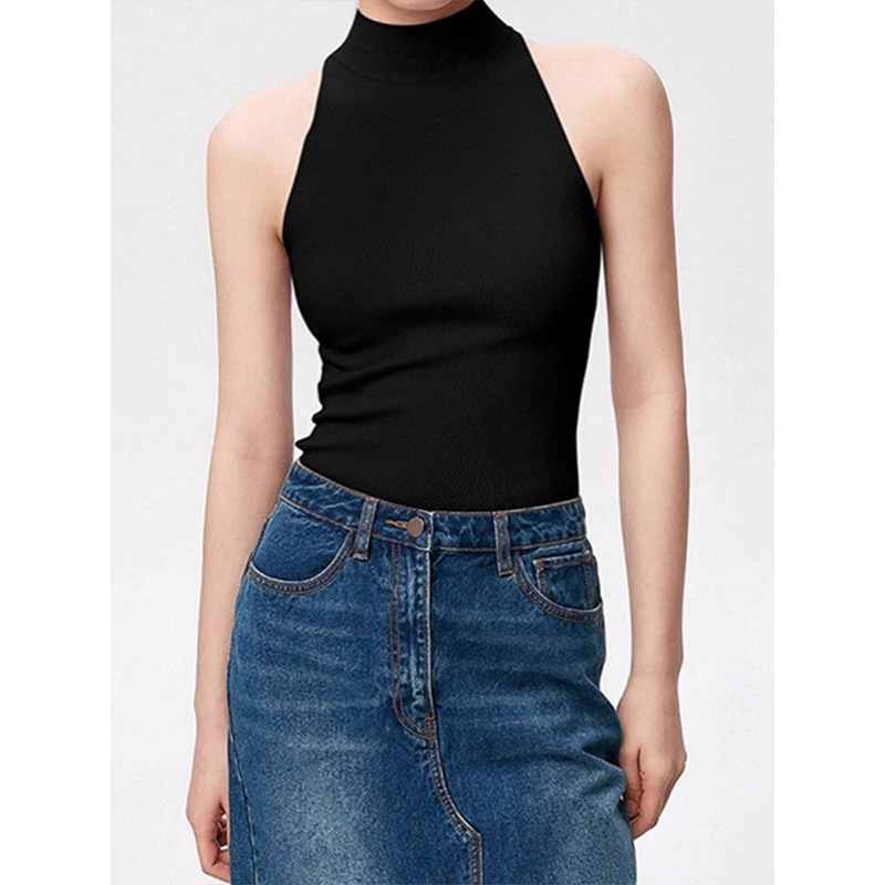 Black Halterneck Half Turtleneck Knitted Camisole for Women in Spring & Fall Slimming Look Inner Layering Sleeveless Top