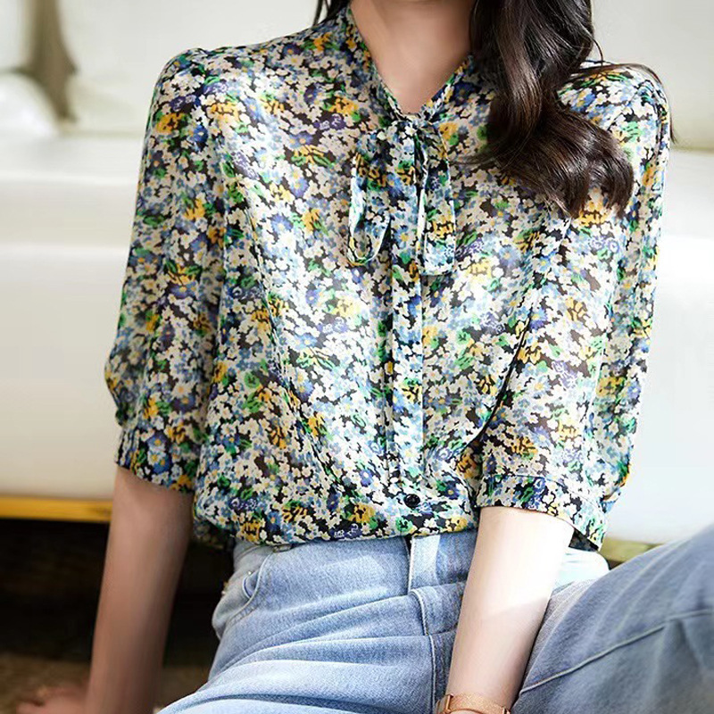 Special Offer Spring and Summer Fresh Floral Silk Shirt for Women, Tie-Bow Printed Button-Up Shirt with Half Sleeves Special Offer Spring and Summer Fresh Floral Silk Shirt for Women, Tie-Bow Printed Button-Up Shirt with Half Sleeves