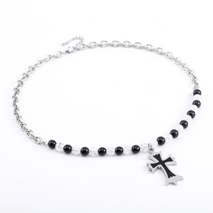 Cross-border new European and American simple punk black and white bead stitching chain titanium steel drop glue cross necklace spot