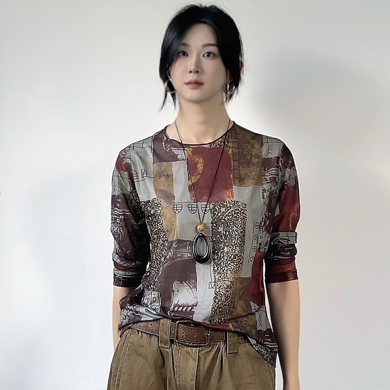 Real Shot of 2025 Autumn and Winter Fashionable High-Elastic Mesh Long-Sleeved T-Shirt Printed Round Neck Versatile Tops for Women