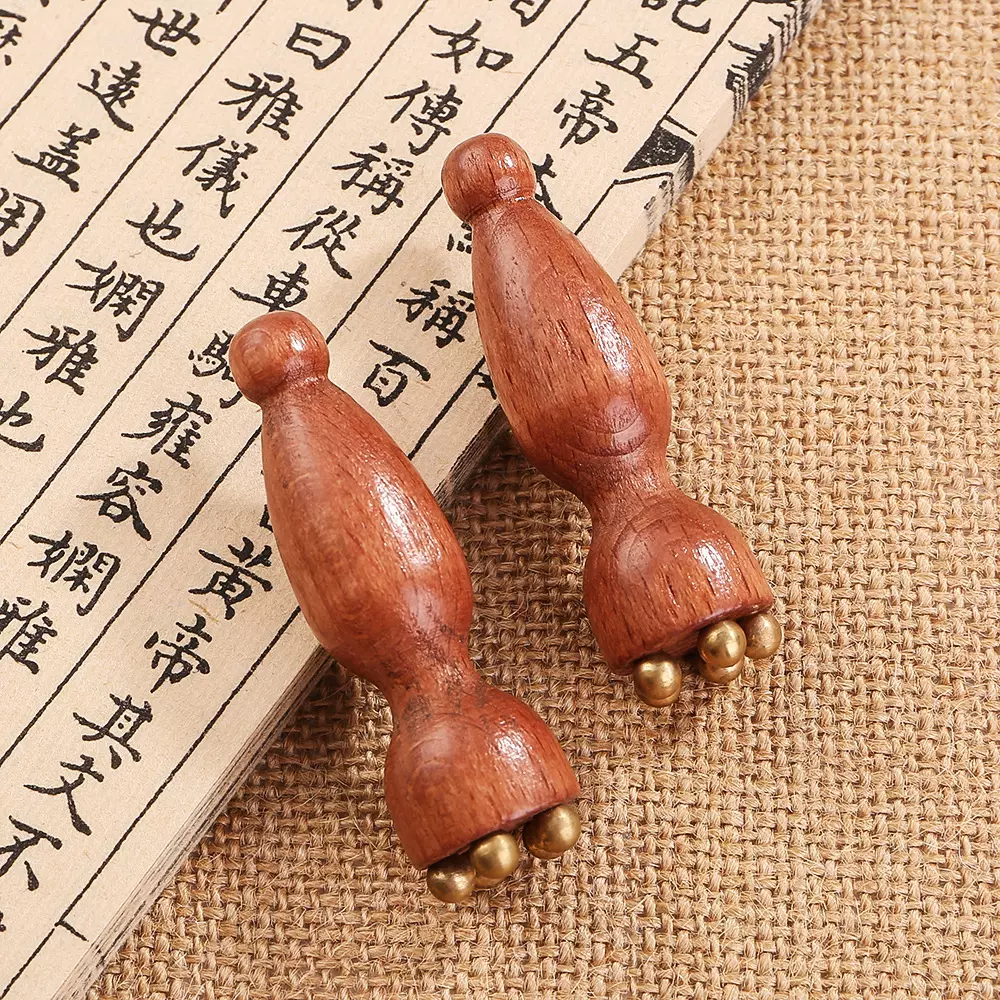 小莲蓬面部按摩器脸部美容纯黄铜刮眼部拨筋棒点穴护肤工具花梨木