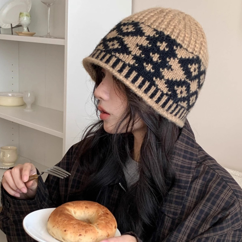 复古菱形格子毛线帽子女秋冬季小众设计感针织帽保暖防寒包头冷帽|undefined