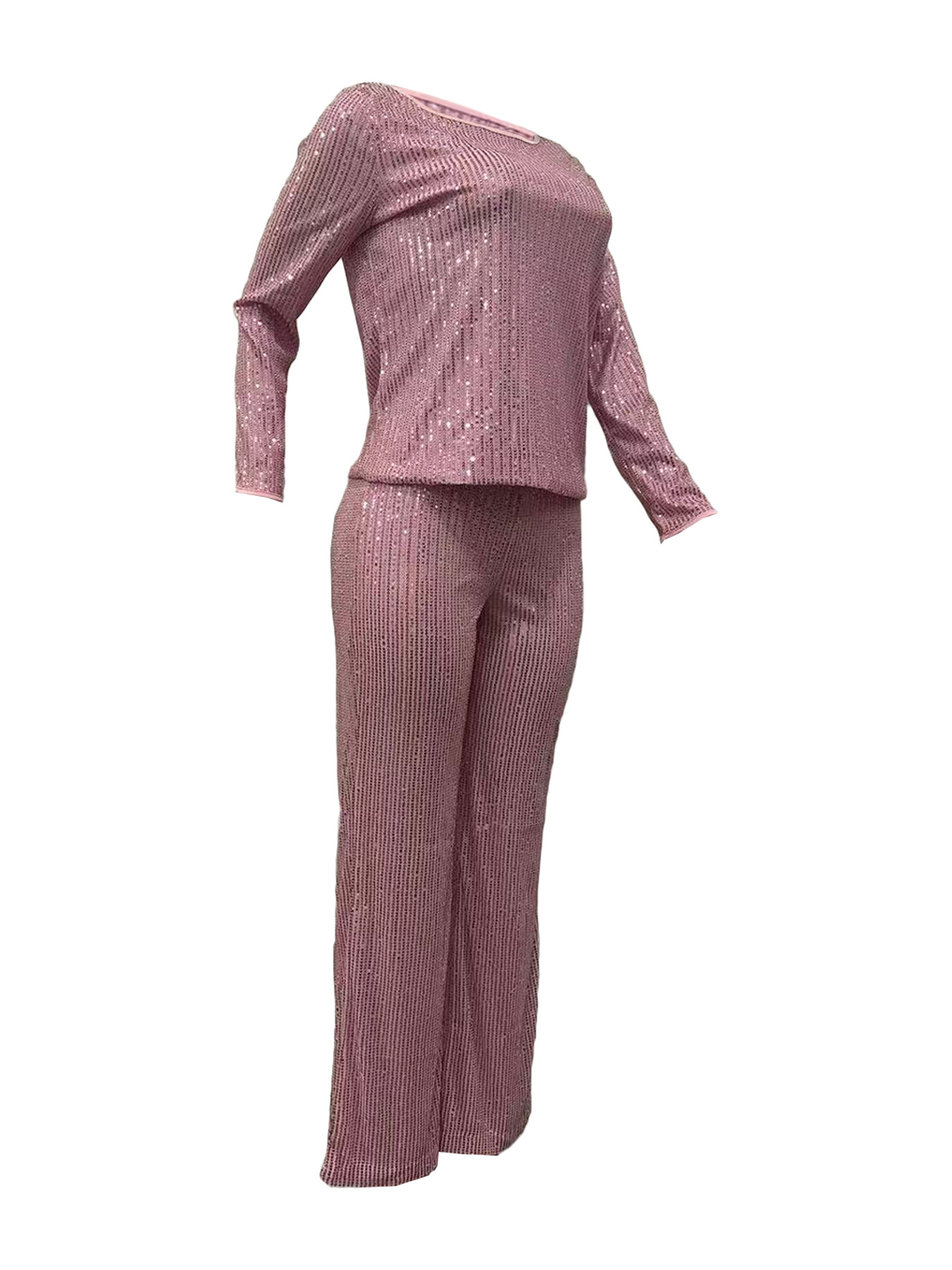 Women's Clothing new sequined solid color long sleeved trousers two piece set_voghion.com