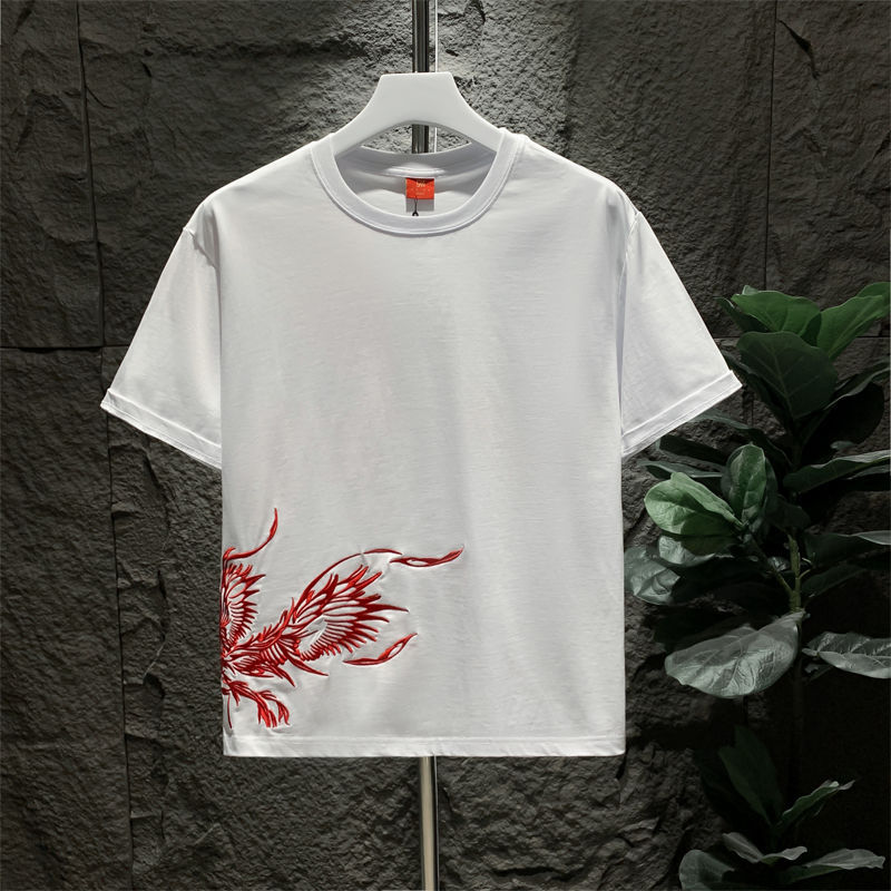Men's Clothing Men's Phoenix Embroidered T-Shirt Heavy Duty Short Sleeve Round Neck National Trend Light Luxury Top Style Trendy Youth_viptrois.com