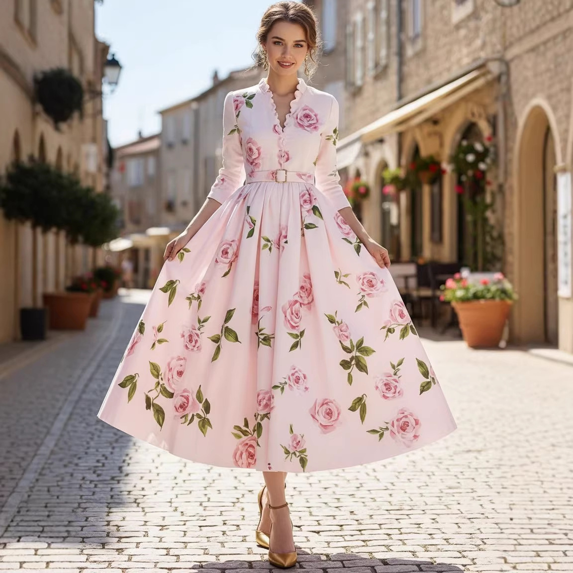 2026亚马逊 印花V领收腰长袖A摆女装连衣裙长裙文艺复古时尚优雅