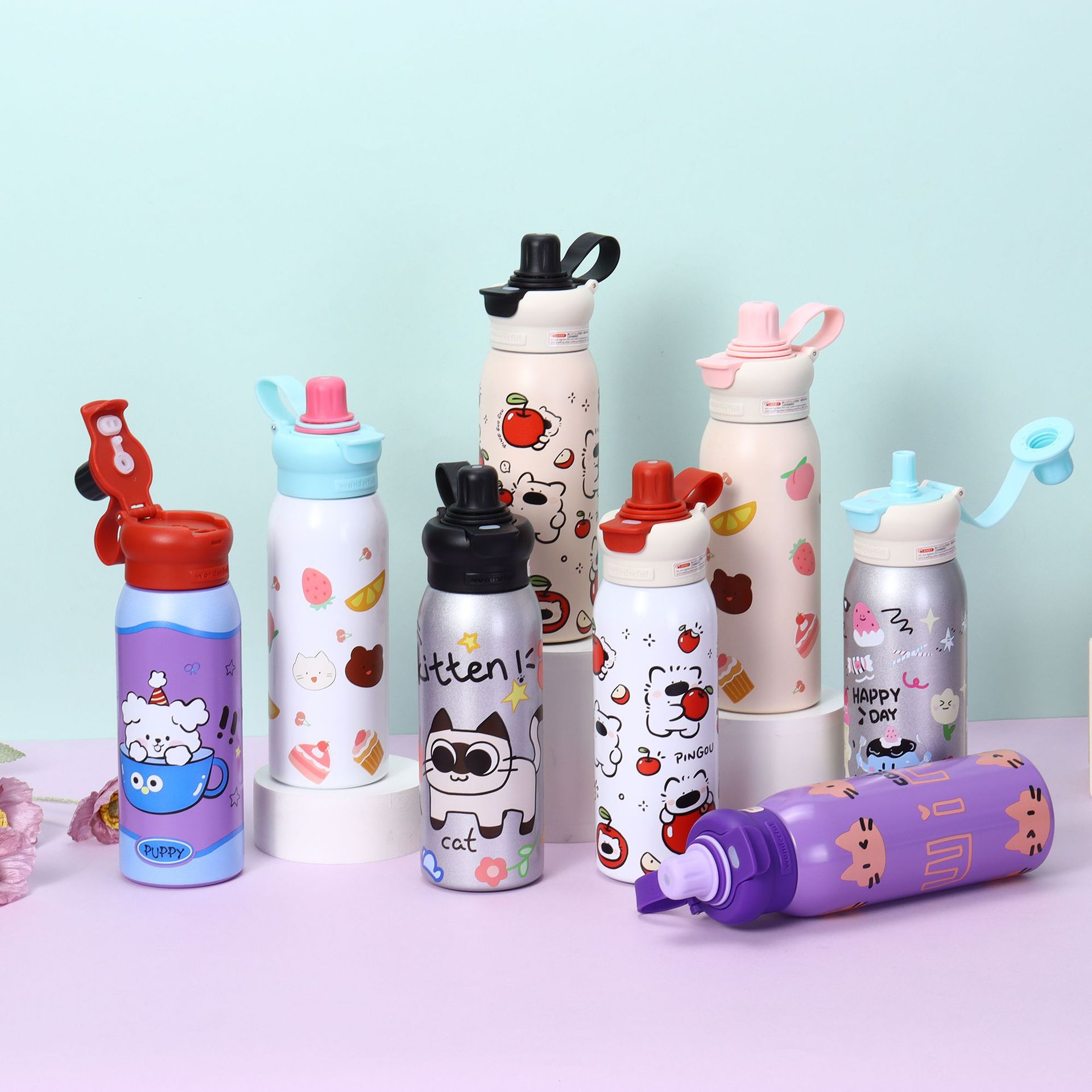 高颜值卡通儿童双饮保温杯大容量便携学生户外提手运动吸管杯水杯