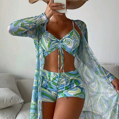 European and American foreign trade bikini swimsuit split three-piece set high-waisted long-sleeved ins blouse sunscreen internet celebrity cross-border drawstring