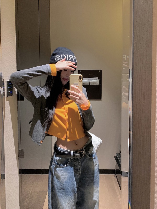 美式辣妹假两件长袖外套女2025秋季新款设计感撞色短款修身上衣潮|undefined