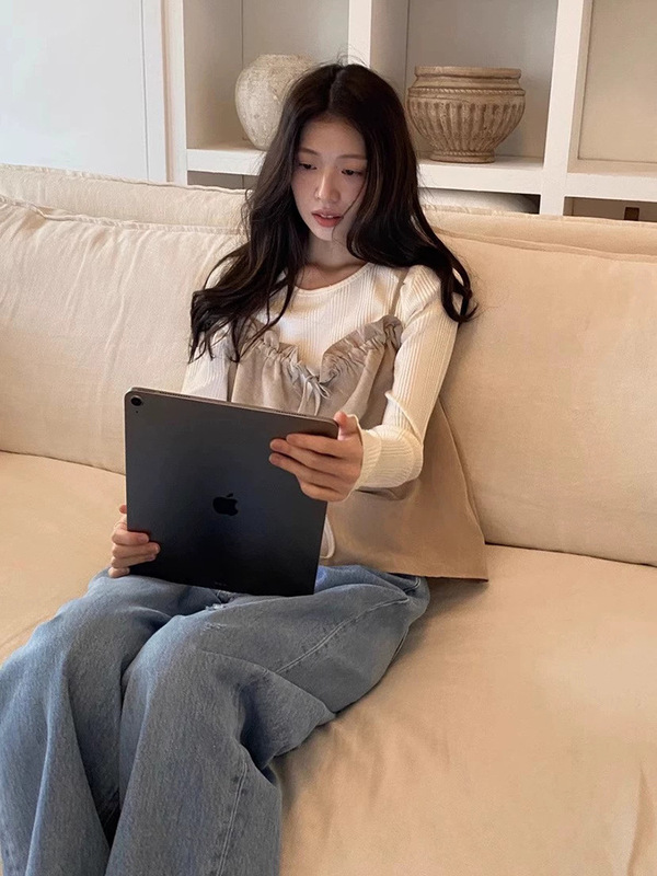现H 蝴蝶结可调节小花边吊带女2025初秋韩系叠穿背心纯色外搭上衣|undefined