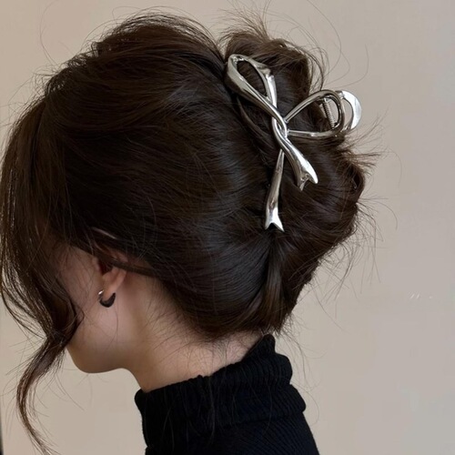  New Arrival Women's Hair Clip with Ribbon Bow on the Back of Head, High-End Silver Metal Clip Hairpin