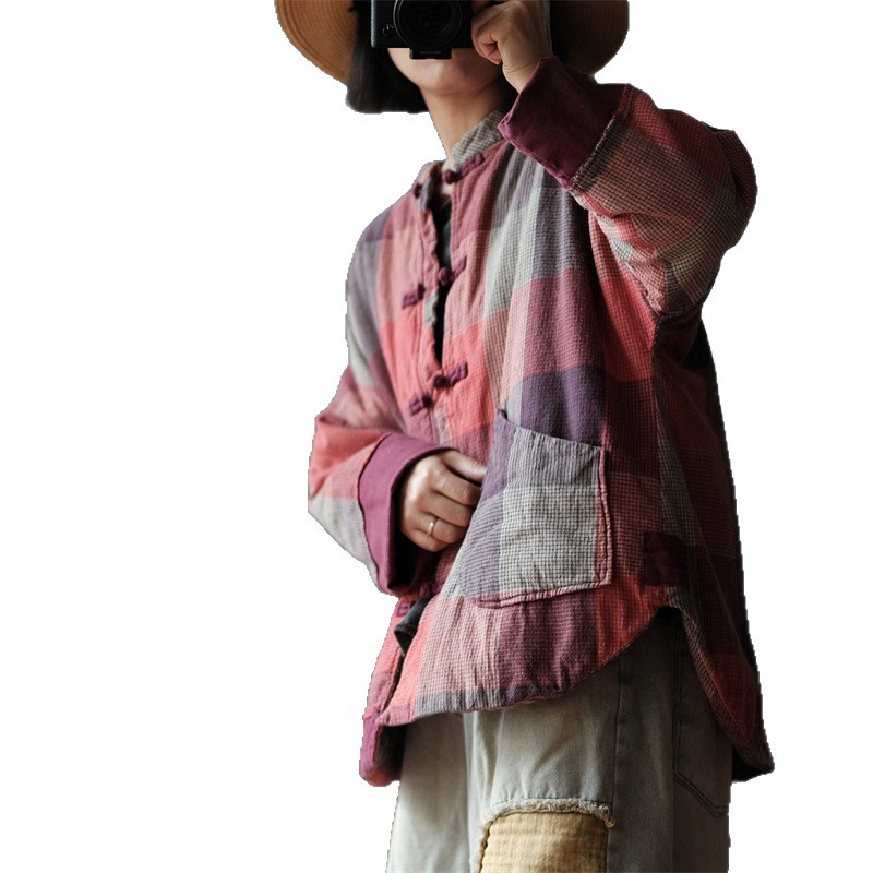 小泥姑娘オリジナルデザイン レトロ風 ウォッシュド加工 純綿 小さな綿服 留め具付きコート 2137 レッドチェック