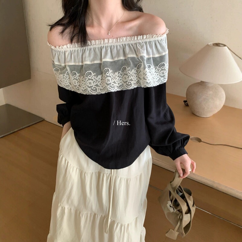 Hers Sweet Early Autumn French Retro Style Simple Everyday Lace Patchwork Off-Shoulder Long Sleeve Blouse 66726 Hers Sweet Early Autumn French Retro Style Simple Everyday Lace Patchwork Off-Shoulder Long Sleeve Blouse 66726