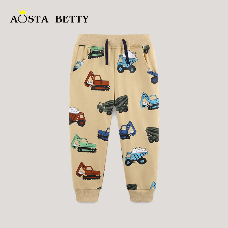 European and American style fashionable boys' sports pants, new autumn style, children's jogger pants, cartoon car print, long pants for toddlers and preschoolers.