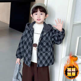男童加绒格子连帽外套秋冬款新款洋气时髦加厚儿童呢子上衣抗寒潮