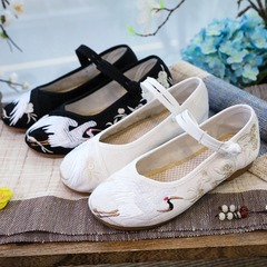漢服鞋仙鶴繡花布鞋 古裝復古牛筋底低跟舞蹈鞋 女單鞋