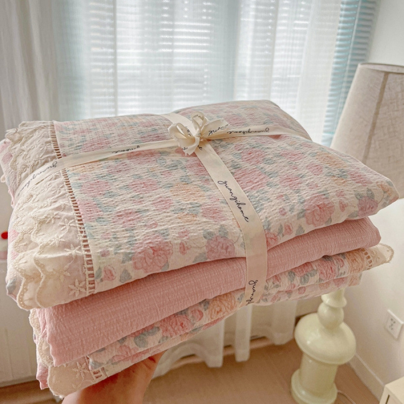 Class A French Crepe Yarn Aerobic Double-layer Yarn Four-piece Set 100 Cotton Lace Bed Sheet Quilt Cover Household Bedding