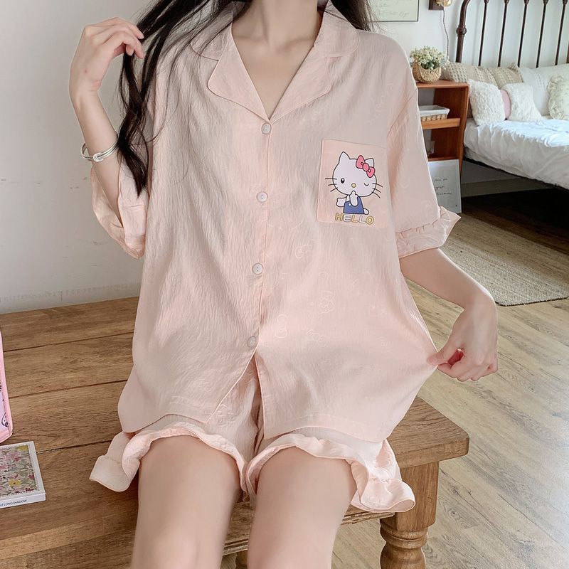 Venta al por mayor transfronteriza nuevo estilo verano nube algodón jacquard pijama mujer rebeca de solapa manga corta lindo conjunto de servicio a domicilio informal