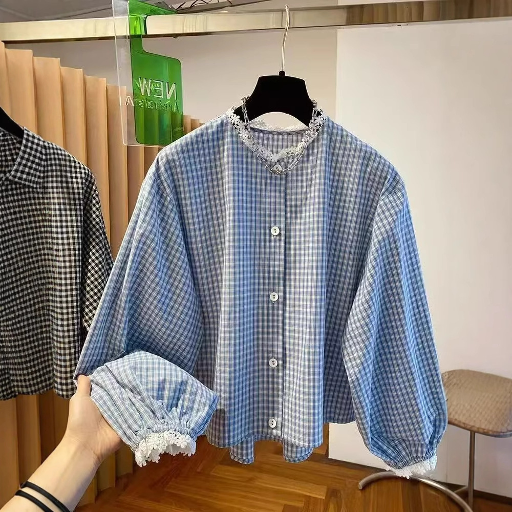 法式气质格子衬衫女春夏2025新款复古洋气减龄百搭娃娃衫圆领