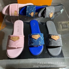 2025驴家新款平底拖鞋女牛仔布时尚纯色外穿印花沙滩一字带拖鞋