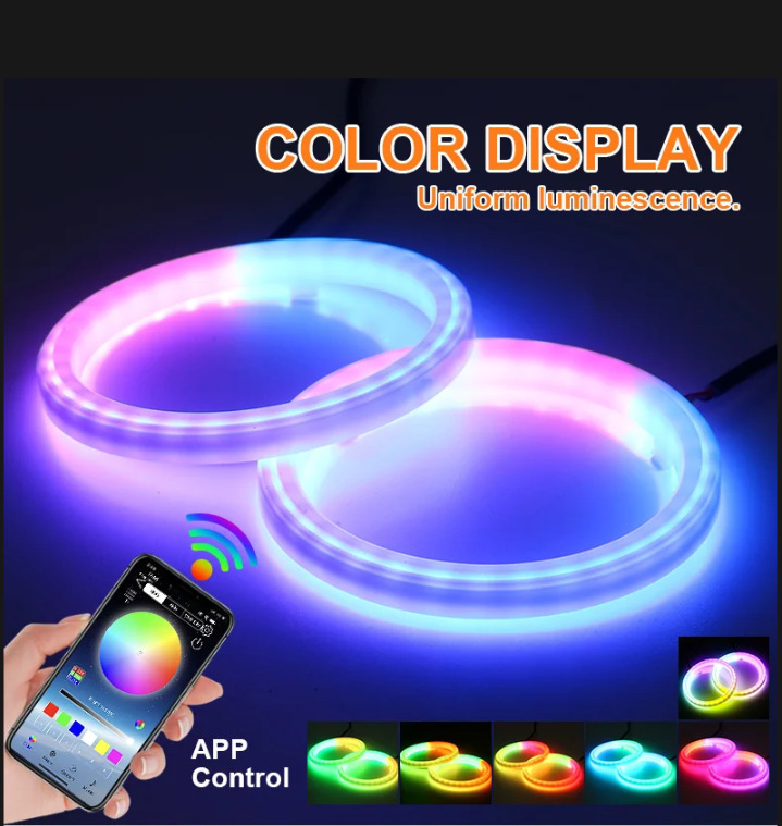 General Motors modified LED angel eye halo rings with APP mobile control, colorful daytime running lights, and headlight rings