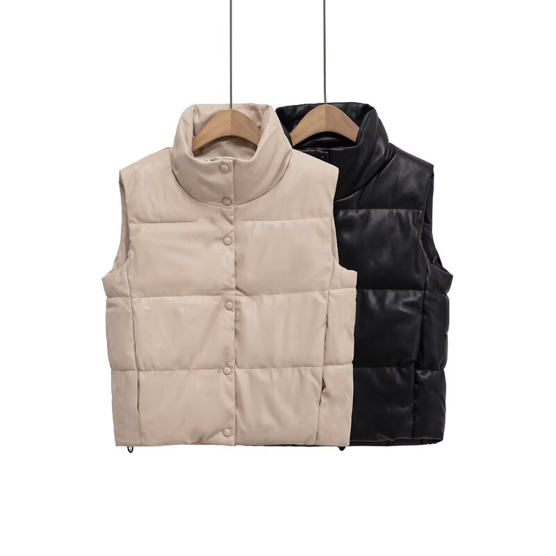 2025 Autumn New Women's Clothing Simple Style Warm Stand Collar Button Decorated Faux Leather Cotton Vest 3427801