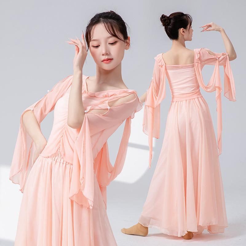 女性用クラシックダンス練習服、メッシュリボン、フリル、新しいスプライシングパフォーマンス服、トップス、エレガントな中国舞踊服|undefined