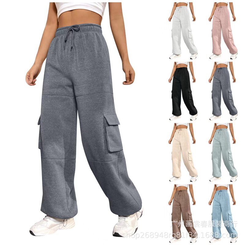 Amazon cross-border foreign trade European and American new winter women's workwear pocket lace-up straight casual sweatpants