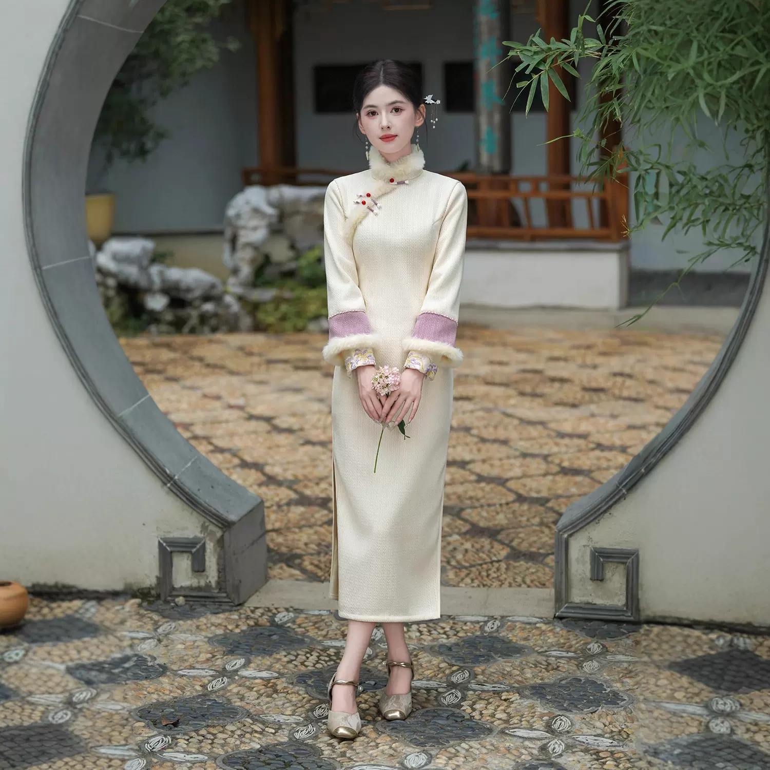 素雅立领改良长袖旗袍2025秋冬新中式年轻款女加绒加厚旗袍连衣裙