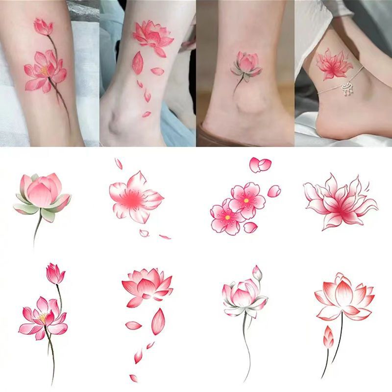 Color Lotus Lotus Tattoo Washable Beautiful Sweet Cool Girl Heart Small Fresh Flower Foot Naked Sexy Simulation Trendy