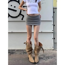 不过膝长靴女2025年春夏卡其色绒面尖头靴子女粗跟显瘦褶皱堆堆靴